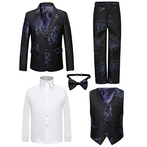 PLWEDDING Boy's 5 Stück Smokings Kleinkind Formale Anzüge Set Kinder Slim Fit Anzug für Hochzeiten(14,Schwarz mit Muster) von PLWEDDING