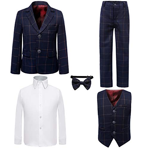 PLWEDDING Boy's 5 Stück Smokings Kleinkind Formale Anzüge Set Kinder Slim Fit Anzug für Hochzeiten(2,Blau kariert) von PLWEDDING