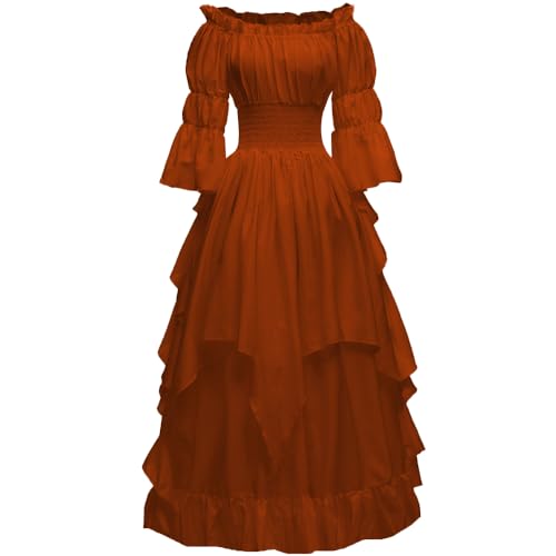 PLWEDDING Damen Gothic Hexen Kleid Mittelalter Renaissance Kostüm Viktorianisches Kleid(Orangebraun,L/XL) von PLWEDDING