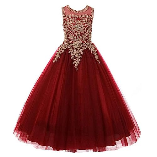 PLWEDDING Glitzernde Kristall Perlen Blumenmädchen Kleid für Hochzeit Kinder Tüll Prinzessin Festzug Ballkleider Erstkommunion Kleid(10,Burgundisch) von PLWEDDING