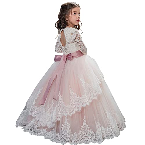 PLWEDDING Spitze Lange Ärmel Blumenmädchen Kleid Prinzessin Tüll Kleid für Kinder Erstkommunion Kleider(8,Rosa) von PLWEDDING