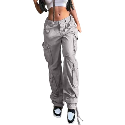 Cargohose Damen Lange Tiefe Taille Hip Hop Freizeithose Mädchen Teenager Streetwear Cargo Hose mit Tasche Retro Einfarbig Männer Jogger Lässiges Sweatpants von PODOLIXIA