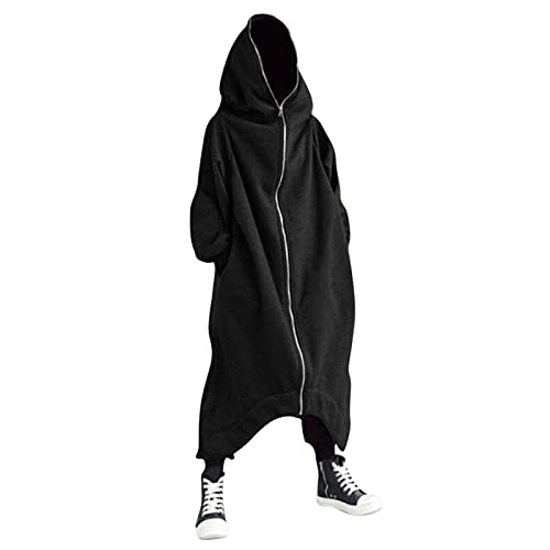 PODOLIXIA Gothic Punk Basic Hooded Sweatshirts Anime Kleidung Male Langer Umhang Kapuzen Sweat-Jacke Oversized Pullover-Shirt Langarm Schwarzer Mäntel Kordelzug/Zipper Herren-Jacken für Jungen Shirts von PODOLIXIA