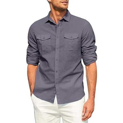 Herren Leinenhemd Baumwolle Lange Ärmel Freizeithemd Revers Solid Color Button-Down Hemd Men's Cargohemd mit Knopfleiste und Taschen Modische Casual Herrenhemd von PODOLIXIA