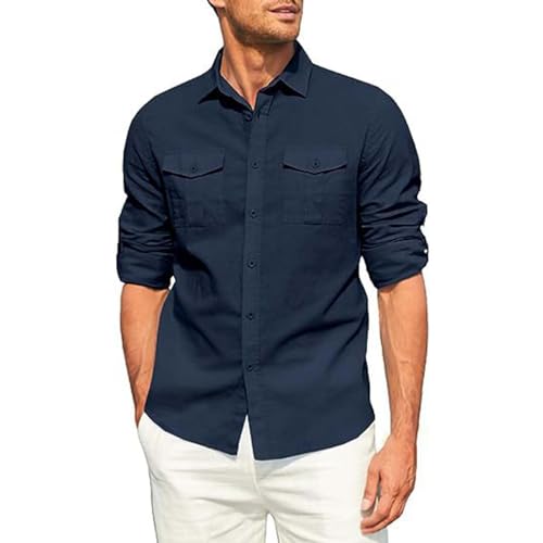 Herren Leinenhemd Baumwolle Lange Ärmel Freizeithemd Revers Solid Color Button-Down Hemd Men's Cargohemd mit Knopfleiste und Taschen Modische Casual Herrenhemd von PODOLIXIA