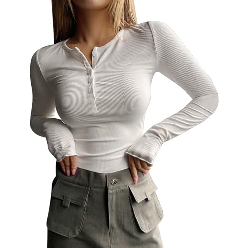 Langarmshirts für Damen Henley Shirt Slim Fit Rippe V Ausschnitt Langarm T-Shirt mit Knöpfe Tunika Frauen Oberteile Gestreift Casual Unterhemd von PODOLIXIA