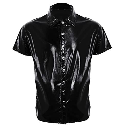 PODOLIXIA Herren Lack Leder Kurzarm Hemd mit Knopfleiste Kentkragen Sexy PU-Leder Einfarbig Mode Punk Gothic Top von PODOLIXIA