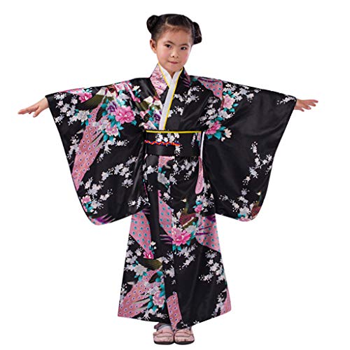 PODOLIXIA Kinder Mädchen Japanischen Stil Kimono Tokio Harajuku Antike Stile Lockere Jacke Robe Bademantel Morgenmantel Blumen/Reine Farbe Kostüm Hauskleid Klassische Satin Loungewear Tokio Harajuku von PODOLIXIA