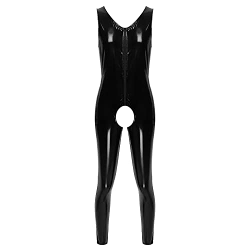 PODOLIXIA Latex Catsuit Männer Herren Jumpsuit aus Wetlook Material Slim Fit Latex Glänzend Overall Sexy Oberteil Lack Leder Mesh Herrenmode Outfit Muskelshirt Party Clubwear Lack Optik Wetlook von PODOLIXIA