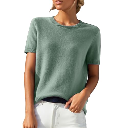 PODOLIXIA Pullover Damen Kurzarm Kaschmirimitat Elegant Frühling Sommer Sweatshirt Rundkragen Frauen Oberteil Bluse Kurzen Ärmeln Strick Tops Einfarbig Strickpullover Casual Sweater von PODOLIXIA