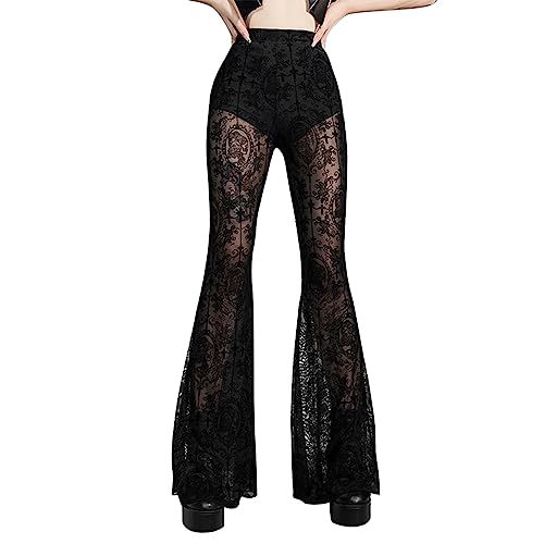 PODOLIXIA Schlaghose für Damen Langehose Schwarz Spitze Halbdurchsichtig Gothic Hose Leisure Boot-Cut Hosen für Frauen Hoch Taillierte Jogginghosen Slim Freizeithose Wide Leg Hosen von PODOLIXIA