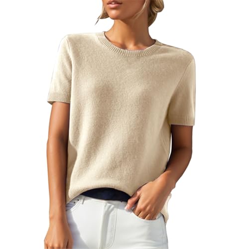 Pullover Damen Kurzarm Kaschmirimitat Elegant Frühling Sommer Sweatshirt Rundhalsausschnitt Frauen Oberteil Bluse Kurzen Ärmeln Strick Pullover Solid Color Strickpullover Freizeit Sweater von PODOLIXIA