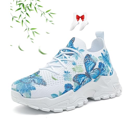 Damen-Sneaker mit Schmetterlingsmuster, leichte orthopädische Wanderschuhe für Damen, Schnürschuhe, atmungsaktives Netzgewebe, rutschfest, Tennis-Sneaker, Schmetterling blau, 42.5 EU Damen-Sneaker mit Schmetterlingsmuster, leichte orthopädische Wanderschuhe für Damen, Schnürschuhe, atmungsaktives Netzgewebe, rutschfest, Tennis-Sneaker, Schmetterling blau, 42.5 EU von POIOZXD