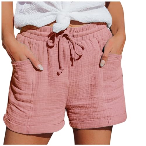 POIUIYQA Damen Shorts Sommer Musselin Hose Lässige mit hoher Taille Gerades Bein Sport Lässige Lockere Shorts mit Kordelzug Kurze Hose mit Taschen Gummiband Freizeit Shorts Elastische Stoffhose von POIUIYQA