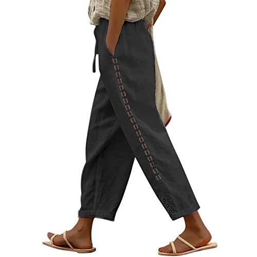 POIUIYQA Leinenhose Damen Sommer Caprihose Sommerhose Damen Leicht 7/8 Stoffhose Damen Elegant Stretch-Hosen Einfarbig Jogginghose Locker Yogahose Mit Gummizug Strandhosen von POIUIYQA