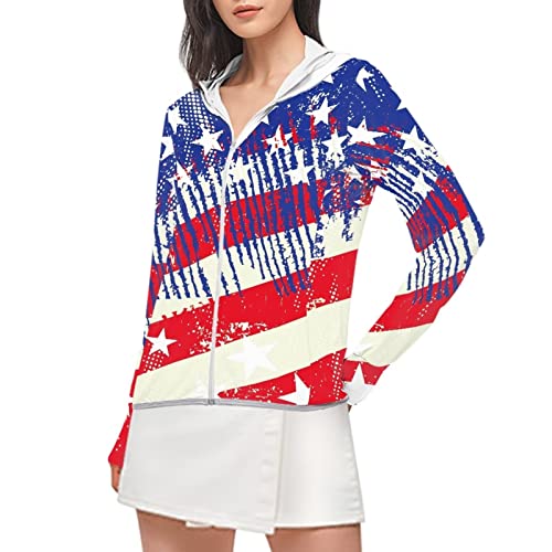 POLERO American Flag Damen Sonnenshirt UPF 50+ UV Sonnenschutz Sterne und Streifen USA Flagge Sommermantel Sonne Blocking Jacke L von POLERO