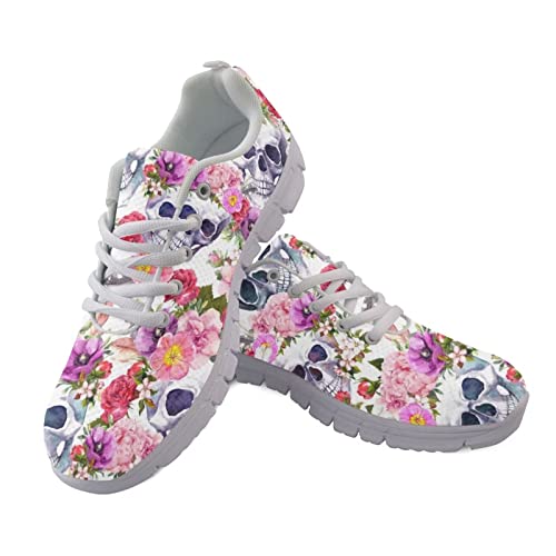 POLERO Floral Skull Sneaker für Frauen, Skelett Casual Running Schuhe, Lace-Up Mesh Walking Schuhe, EU38 von POLERO