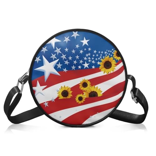 POLERO Vintage Crossbody Bag Round Purse Phone Bag PU Leather Shoulder Handbags for Women, USA-Flagge, Sonnenblume, Einheitsgröße von POLERO