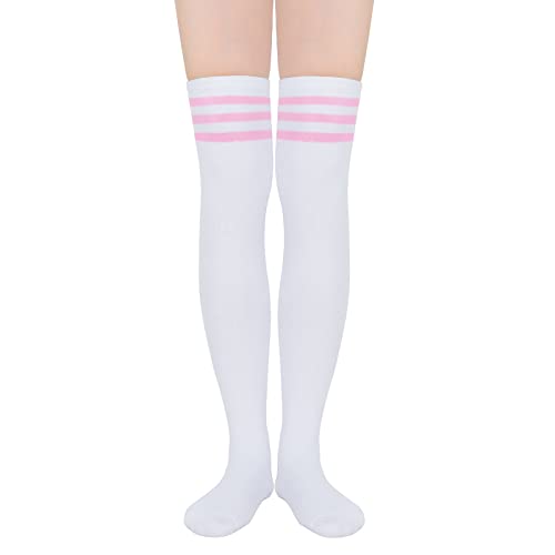 PONCEAU Damen Overknees Strümpfe Überknie Kniestrümpfe Lange Gestreifte Socken Lange Socken Beinwärmer Hoch Booten Strümpfe Stripes White Pink von PONCEAU