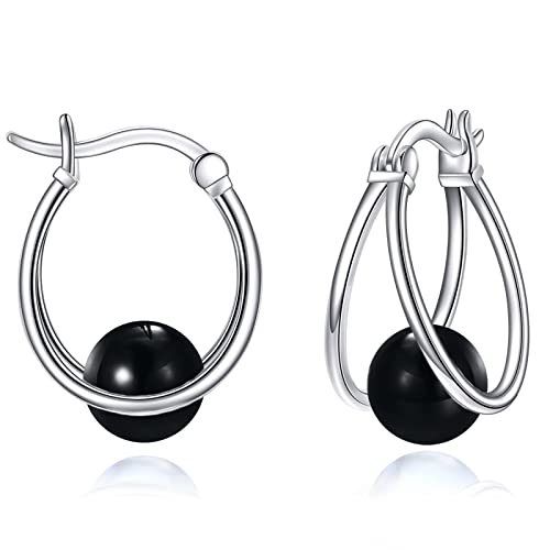 POPLYKE Schwarz Onyx Ohrringe für Damen Sterling Silber Schwarz Onyx Doppel Hoop Ohrringe für Frauen Edelstein Hoop Ohrringe Schwarz Onyx Schmuck von POPLYKE