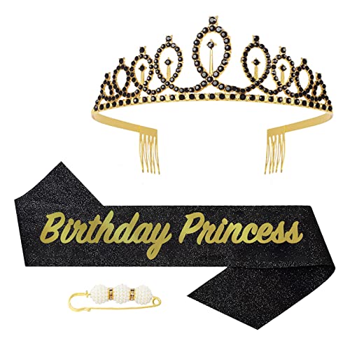 Fabulous Geburtstags-Krone Schärpe Set Schwarzes Gold Kristall Tiara Krone Geburtstags Krone für Geburtstag Deko,Prinzessin Kronen Haar-Zusätze für Mädchen Geburtstagsgeschenk Partyzubehör… von POPOYU