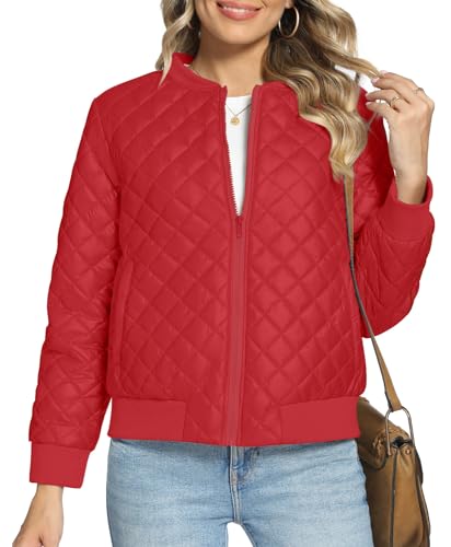 POPYOUNG 2024 Damen Herbst-Winterjacke Outwear Steppmäntel mit Taschen, 30-Rot, 48 von POPYOUNG