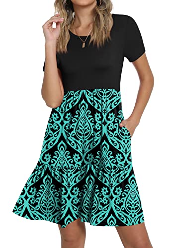 POPYOUNG Damen 2023 Sommer Kurzarm T-Shirt Kleider Casual Rüschen Swing Kleid mit Taschen, Bl/Fl Blau-Grün, L von POPYOUNG