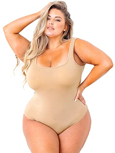 POSESHE Damen Plus Größe Body-Tank-Top Ärmellos Quadratischer Ausschnitt Outfits,Beige，0X von POSESHE