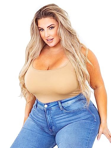 POSESHE Damen Plus Größe Body-Tank-Top Ärmellos Quadratischer Ausschnitt Outfits,Beige，3X von POSESHE