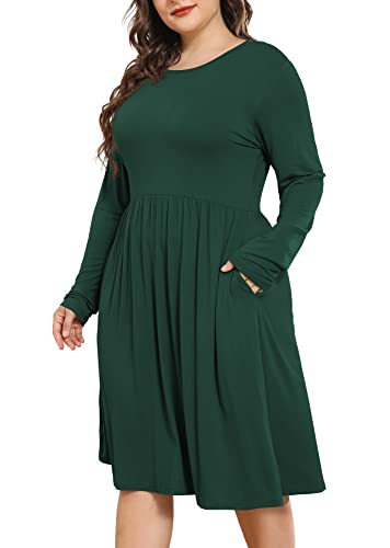 POSESHE Damen Plus Size Kleider Lange Ärmel Rundhals Freizeitkleider Empire Taille Lose Flowy Kleid mit Taschen, C14-dunkelgrün, X-Large Mehr von POSESHE