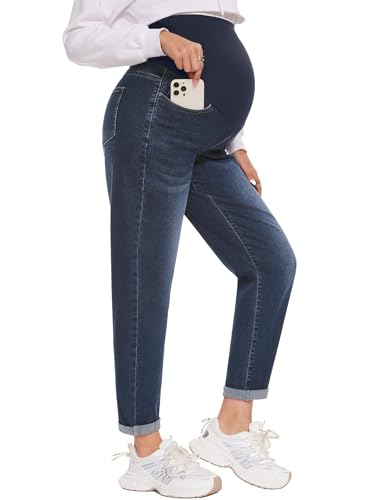 POSHGLAM Damen Umstandsjeans über Bauch Bequeme Stretch Boyfriend Jeans Denim Schwangerschaftshose S-XXL, Retro Blau, XX-Large von POSHGLAM