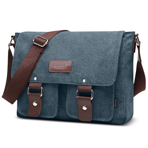 POSSOBAG Mode Herren Schultertasche Vintage Canvas Umhängetasche 13,3 Zoll Laptoptasche Grosse Kapazität Kuriertasche für Reise Schula Casual Camping Männer Leinwand Messenger Bag Blau von POSSOBAG