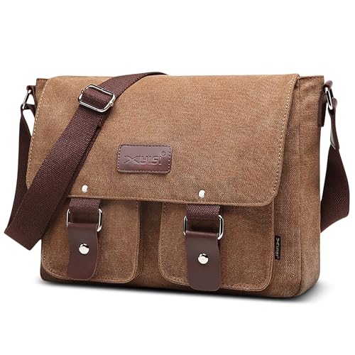 POSSOBAG Mode Herren Schultertasche Vintage Canvas Umhängetasche 13,3 Zoll Laptoptasche Grosse Kapazität Kuriertasche für Reise Schula Casual Camping Männer Leinwand Messenger Bag Braun von POSSOBAG