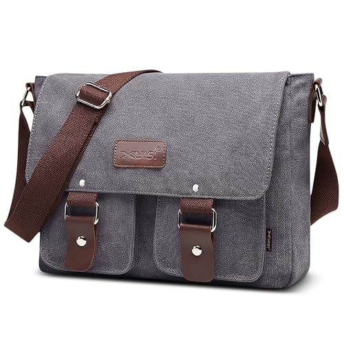 POSSOBAG Mode Herren Schultertasche Vintage Canvas Umhängetasche 13,3 Zoll Laptoptasche Grosse Kapazität Kuriertasche für Reise Schula Casual Camping Männer Leinwand Messenger Bag Grau von POSSOBAG