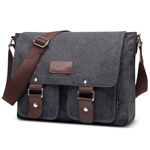 POSSOBAG Mode Herren Schultertasche Vintage Canvas Umhängetasche 13,3 Zoll Laptoptasche Grosse Kapazität Kuriertasche für Reise Schula Casual Camping Männer Leinwand Messenger Bag Schwarz von POSSOBAG