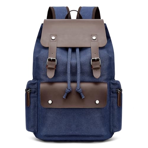 POSSOBAG Vintage Canvas Rucksack Herren Groß Lässig Daypacks für 17.3 Zoll Laptop Schultasche College Reiserucksack Casual Business Camping Leinwand Männer Tagesrucksack Blau von POSSOBAG