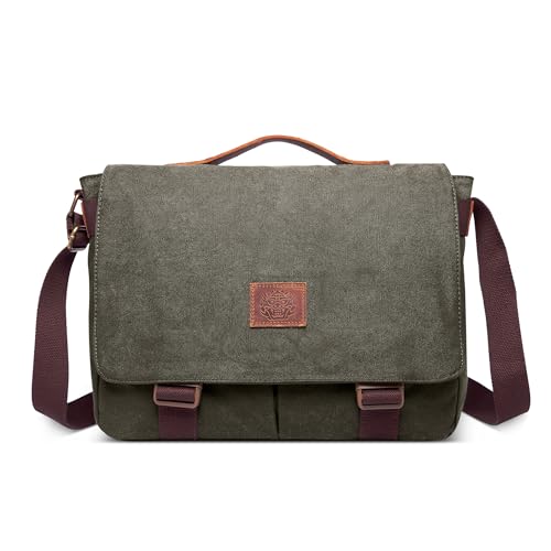 POSSOBAG Vintage Herren Schultertasche Canvas Umhängetasche 15 Zoll Laptoptasche mit Griff Grosse Kapazität Messenger Bag für Reise Schula Casual Camping Männer Leinwand Kuriertasche Grün von POSSOBAG