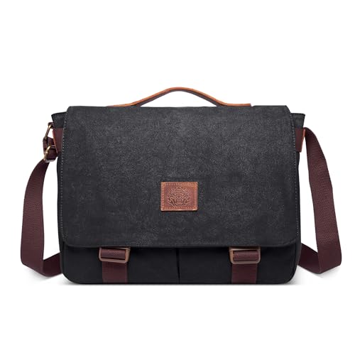 POSSOBAG Vintage Herren Schultertasche Canvas Umhängetasche 15 Zoll Laptoptasche mit Griff Grosse Kapazität Messenger Bag für Reise Schula Casual Camping Männer Leinwand Kuriertasche Schwarz von POSSOBAG