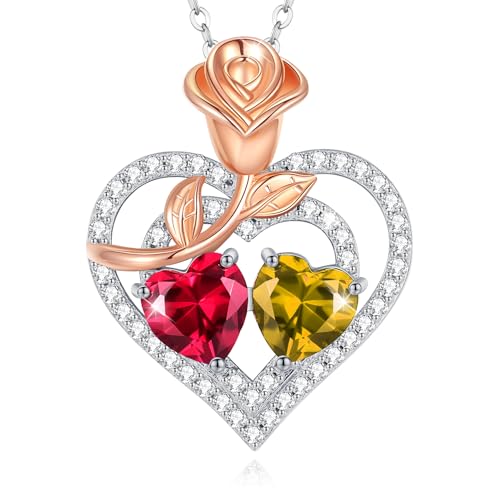 Halskette for Damen, Geburtsstein-Halskette for Damen, Sterlingsilber, Rose, Blume, Herz, doppelter Geburtsstein, Schmuckanhänger, Halskette, Jahrestag, Geburtstagsgeschenk for sie, Mutter, Ehefrau, F Halskette for Damen, Geburtsstein-Halskette for Damen, Sterlingsilber, Rose, Blume, Herz, doppelter Geburtsstein, Schmuckanhänger, Halskette, Jahrestag, Geburtstagsgeschenk for sie, Mutter, Ehefrau, F von POTUBI