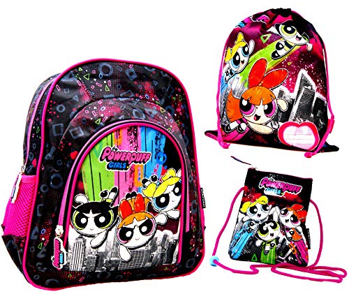 Powerpuff Girls Set 3 TLG. - 1x Kinder Rucksack/Kindergarten Tasche - für die Brotdose/Trinkflasche/Vorschul-Rucksack + 1x Kinder Geldbeutel/Brustbeutel/Geldbörse + 1x Turnbeutel von Power Puff Girls