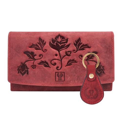 Damen Leder Geldbörse T-01-RD und Schlüsselanhänger T-85-RD, rot GESCHENKSET vintage Paolo Peruzzi ZUP-99-RD von PP PAOLO PERUZZI collection