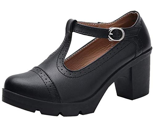 PPXID Damen Pumps Mary Jane Halbschuhe T-Strap Plateau Blockabsatz Oxfords Klassiker Kleid Schuhe, Schwarz, 37 EU von PPXID