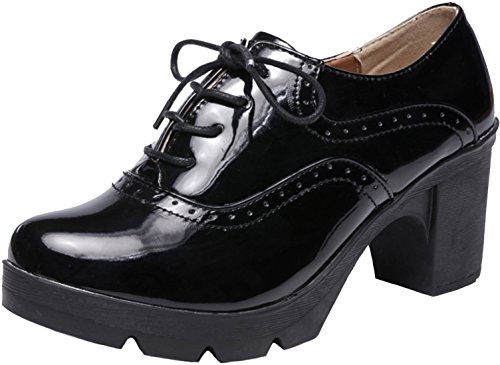 PPXID Damen Pumps Plateau Blockabsatz Schnürhalbschuhe Klassiker Oxfords,Schwarz,37 EU von PPXID