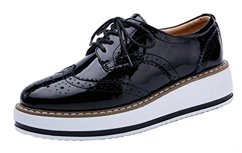 PPXID Schnürhalbschuhe Damen Oxford Brogues Halbschuhe Sneaker mit Keilabsatz,Herstellergröße 41,Schwarz,40 EU von PPXID