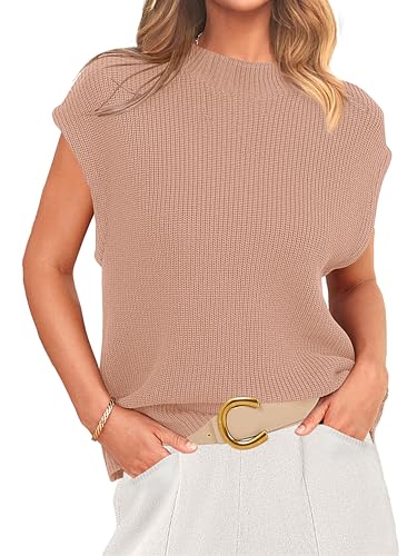 PRETTYGARDEN Ärmelloser Damen-Pullover mit Stehkragen 2024, lässiger Sommer, kurze Flügelärmel, gestrickt, gerippter Pullover, Hellkhaki, Groß von PRETTYGARDEN