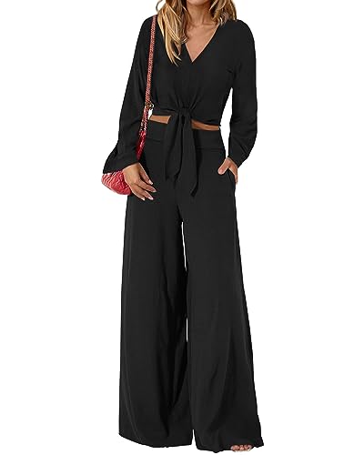 PRETTYGARDEN Damen 2-teilige Outfits 2023 Herbst Casual Trainingsanzüge V-Ausschnitt Langarm Strappy Crop Top Breites Bein Hose Sets, Einfarbig Schwarz, Small von PRETTYGARDEN