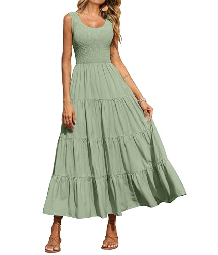 PRETTYGARDEN Damen 2023 Casual Lose Einfarbig Maxi Sommerkleid Gesmokt Tank Kleid Ärmellos Sommer Strand Stufened Lange Kleider, Grün , X-Groß von PRETTYGARDEN