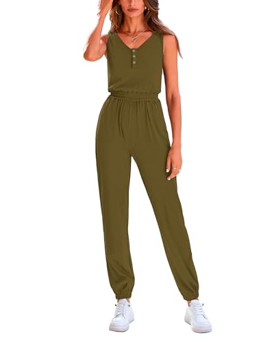 PRETTYGARDEN Damen-Jumpsuits 2024, Sommer, lässig, ärmellos, elastische Taille, dehnbar, gerippt, langer Strampler mit Tasche, Senfgrün, Medium von PRETTYGARDEN