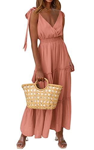 PRETTYGARDEN Damen Kreuzausschnitt Sommer Ärmellos Gestuftes Maxikleid Strand Tie Strap Gesmokte Lange Kleider Plissee Sommerkleid, Nude Rosé, Mittel von PRETTYGARDEN