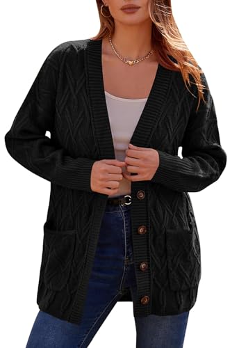 PRETTYGARDEN Damen Langarm Zopfmuster Strickjacke Pullover 2023 übergroße offene Vorderseite lange Strickjacken Knopfleiste Oberbekleidung, Schwarz, Klein von PRETTYGARDEN